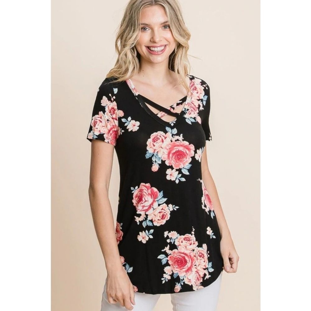 Black Criss Cross Floral Top